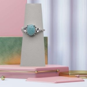 Natural Larimar with CZ Oval and Heart Shape 925 Sterling Silver Ring Size 9